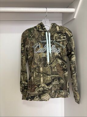Cabela's Camo Hoodie with Light Blue Drawstrings size medium